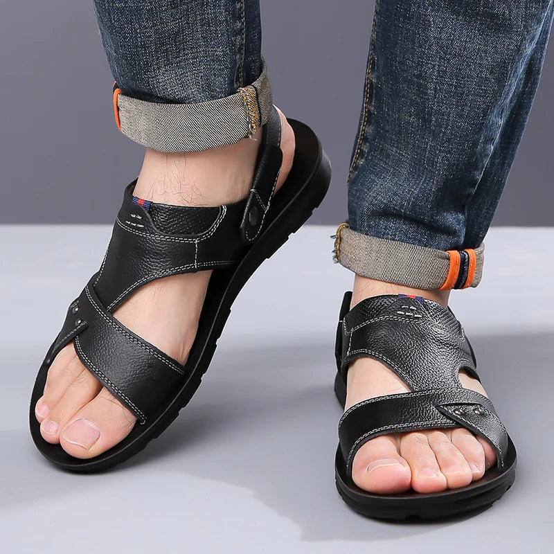 Men's Summer Leather Sandals Comfortable Anti-Slip Soft Bottom Dual-Wear Slip-On Beach Shoes Leather Cowhide Slippers-1884