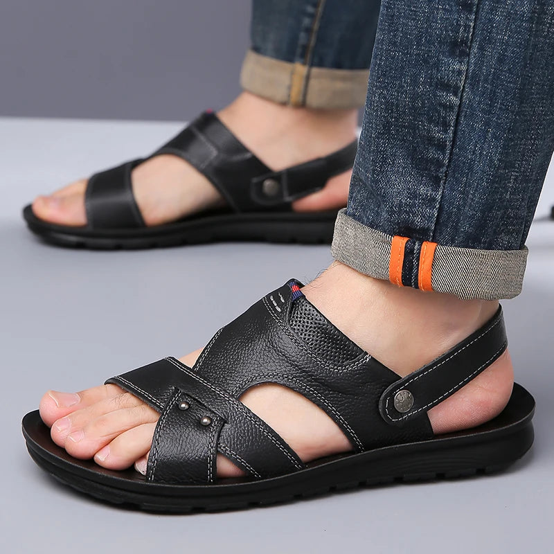 Men's Summer Leather Sandals Comfortable Anti-Slip Soft Bottom Dual-Wear Slip-On Beach Shoes Leather Cowhide Slippers-1884