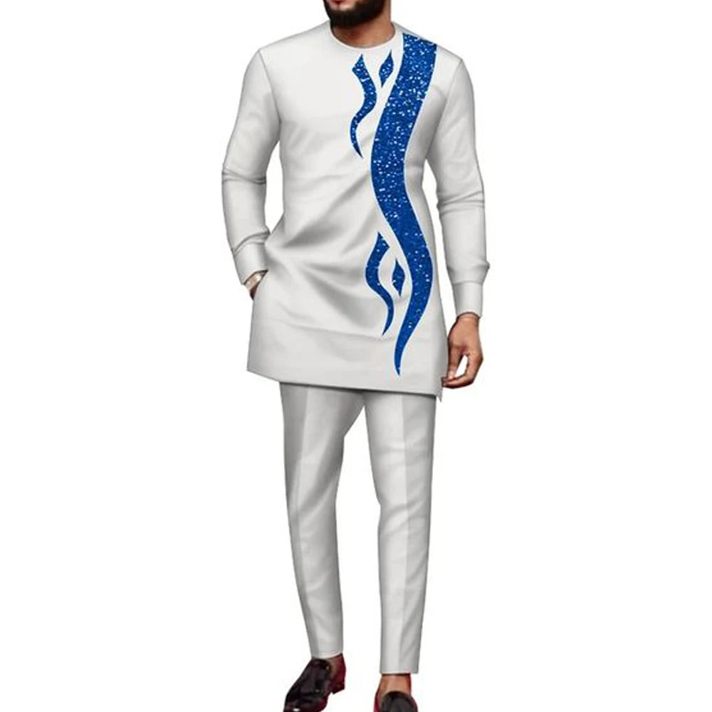 Man Sets Outfit Wedding Africa Beaded Long-sleeved Top Pants Kaftan Traditional Clothing Costoumes Ethnic Casual Men's 2Pcs Suit